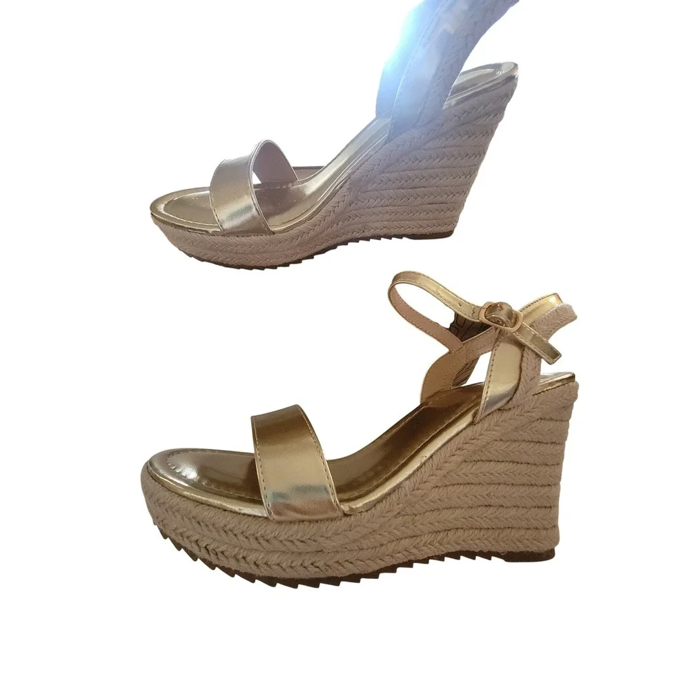 Gold Metallic‎ Espadrille Wedge Sandals Platform Ankle Strap Summer Shoes size 9